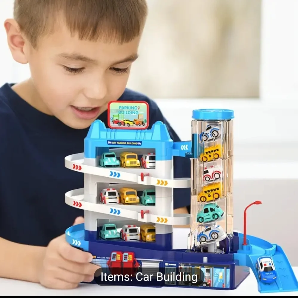 Garage Building Parking Lot Toy Set Perfect Gift Includes 4 Vehicles and Playmat